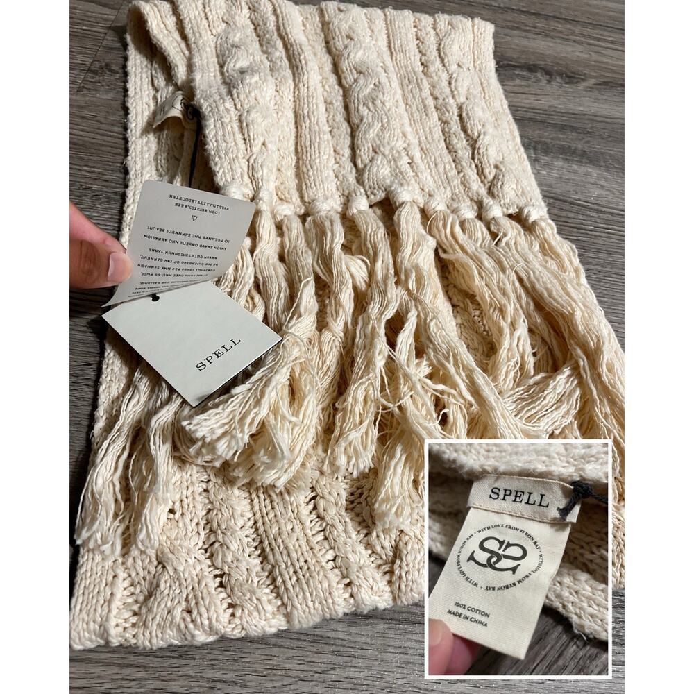 SPELL Scarf Ivory Cable-Knit Fringe Rectangle 100% Cotton, Women’s